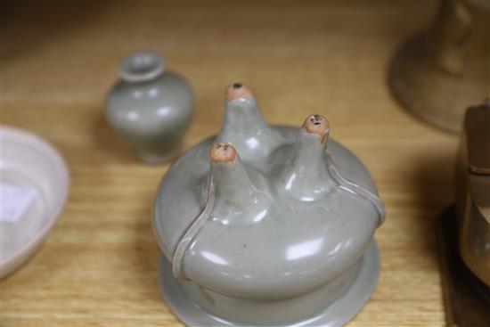 A Chinese celadon tripod censer and jarlet and a qingbai dish, censer 9cm high